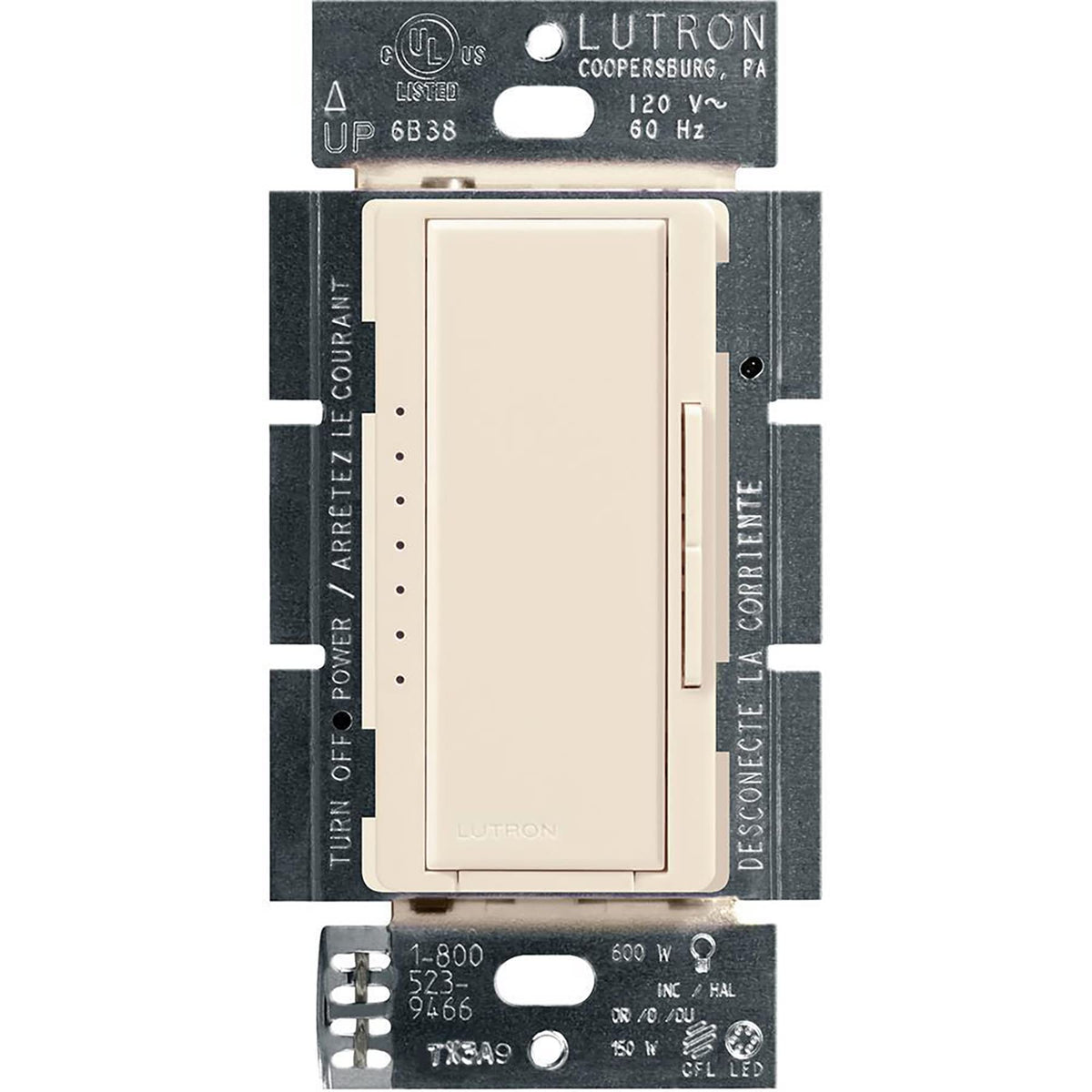 Lutron Maestro LED+ dimmer with rocker control for precise lighting levels.