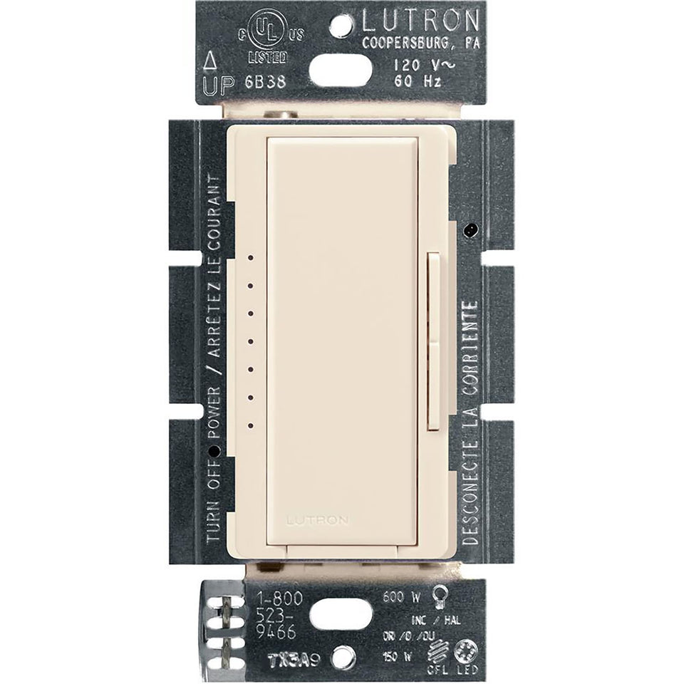 Lutron Maestro LED+ dimmer with rocker control for precise lighting levels.