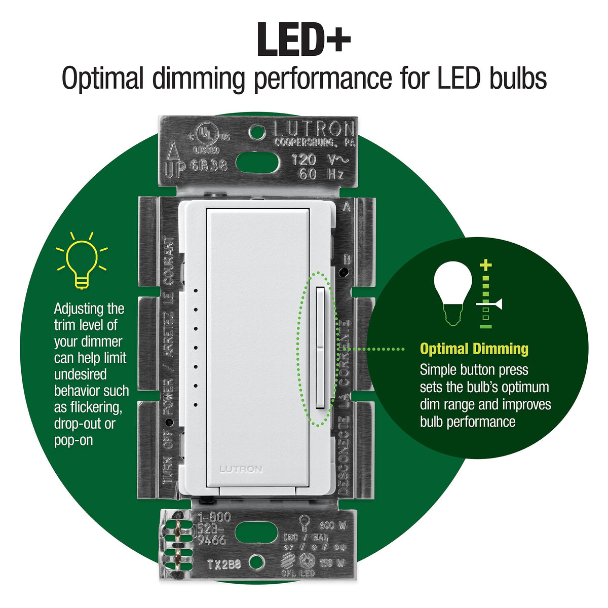 Lutron Maestro LED+ dimmer switch rocker control enabling precise light levels