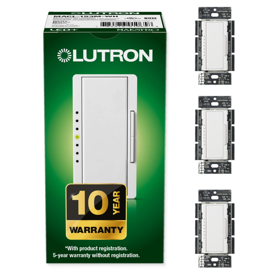 Lutron Maestro LED+ dimmer wall switch with flicker-free LED lighting control.