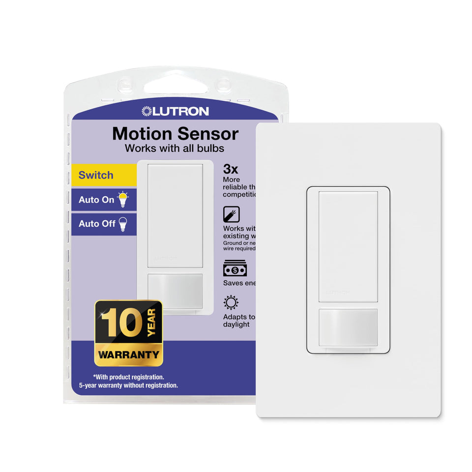 Lutron Maestro occupancy sensor switch with wallplate in white for automatic room lighting