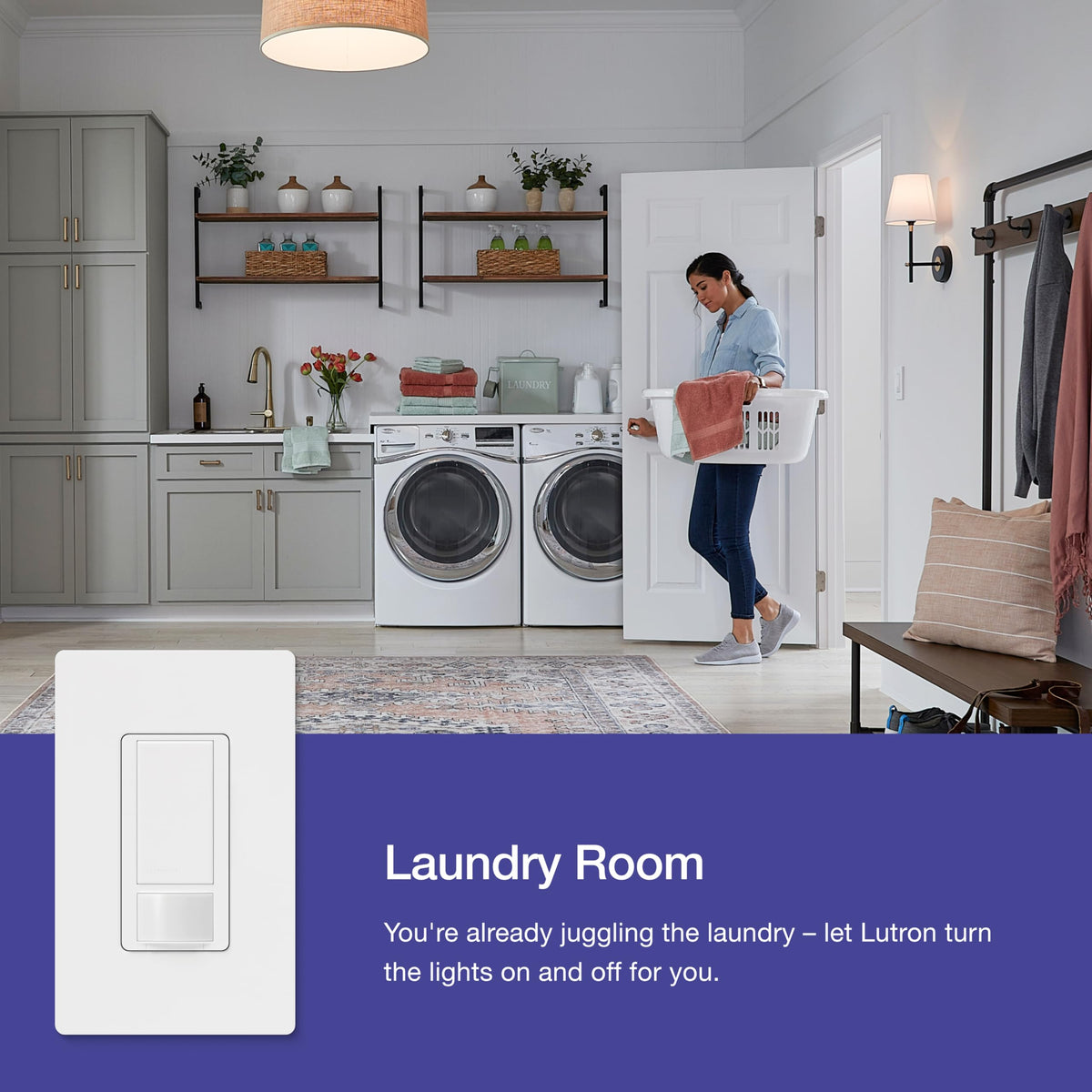 Lutron Maestro ivory sensor switch reduces unnecessary lighting in busy hallways.