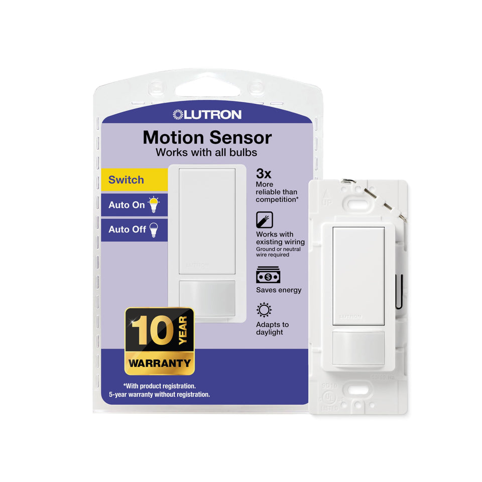 Lutron Maestro occupancy switch with white wallplate automates lights when entering a room