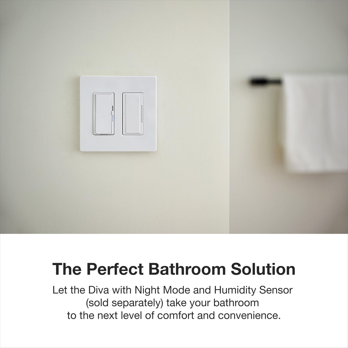 Lutron MS-HS3G-WH energy-saving mode shown during bathroom exhaust operation.