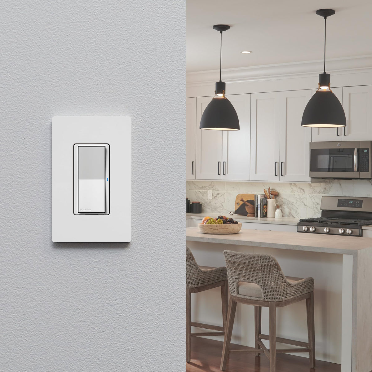 Wireless 3-way setup without wiring simplifies installation.