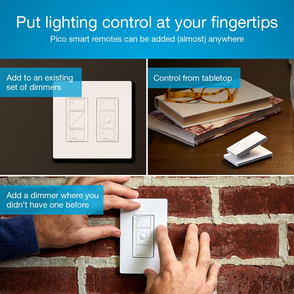 Pico remote on wall plate offers convenient three-way control without wiring.