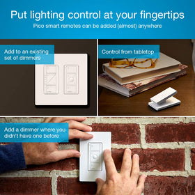 Pico remote on wall plate offers convenient three-way control without wiring.