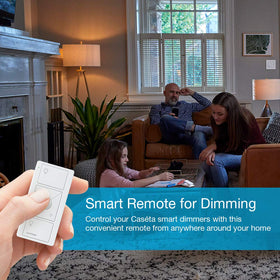 Lutron Pico remote on tabletop pedestal for easy dimming from any seat