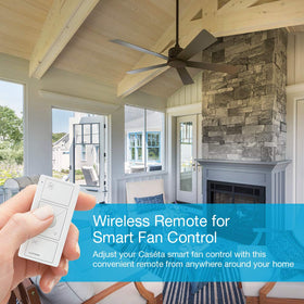 Lutron Pico remote tabletop use shows easy access to control fan speed.