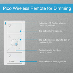 Close-up of Lutron Pico remote three-button layout for quick lighting control