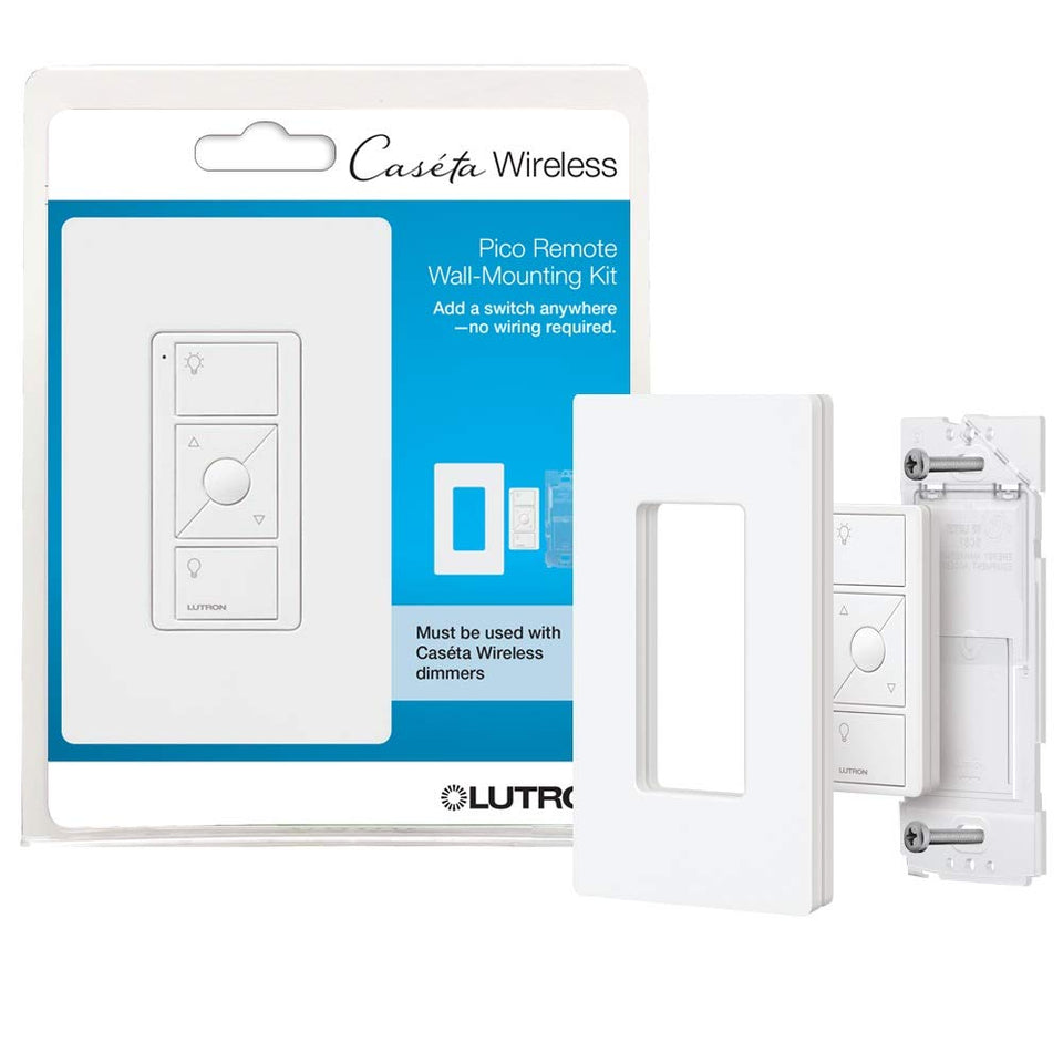 Lutron Pico remote wall-mount kit packaging demonstrates simple setup and in-room control.