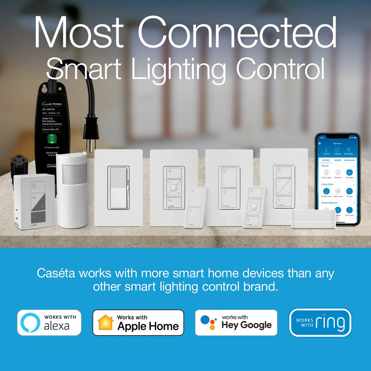 Lutron Pico remote in hand offering wireless lighting control on demand.