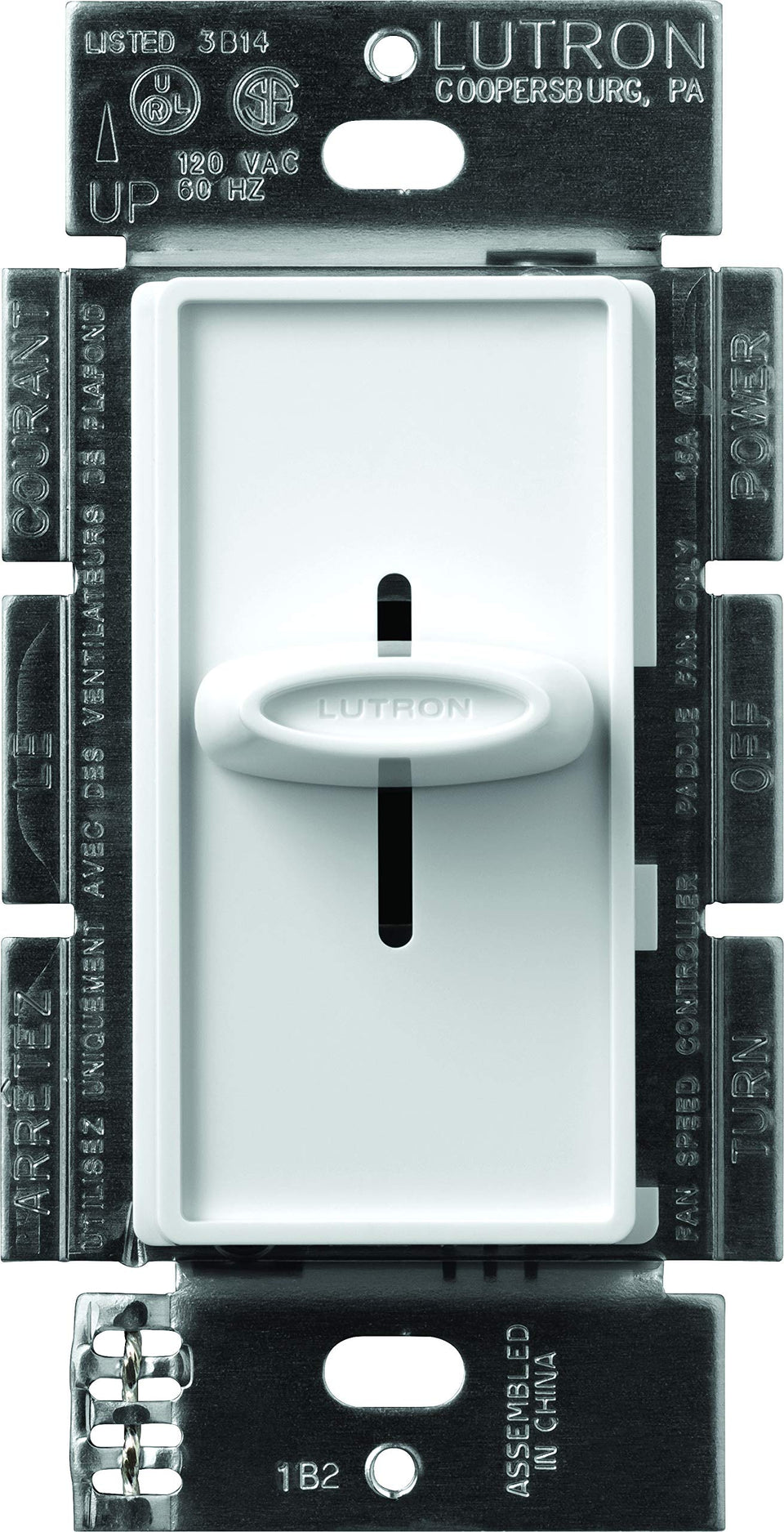Lutron Skylark fan control slider in white for easy speed adjustment.