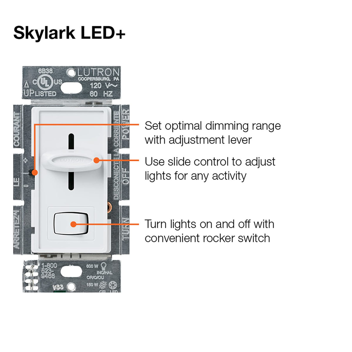 Lutron Skylark LED+ dimmer wall-mount in white finish
