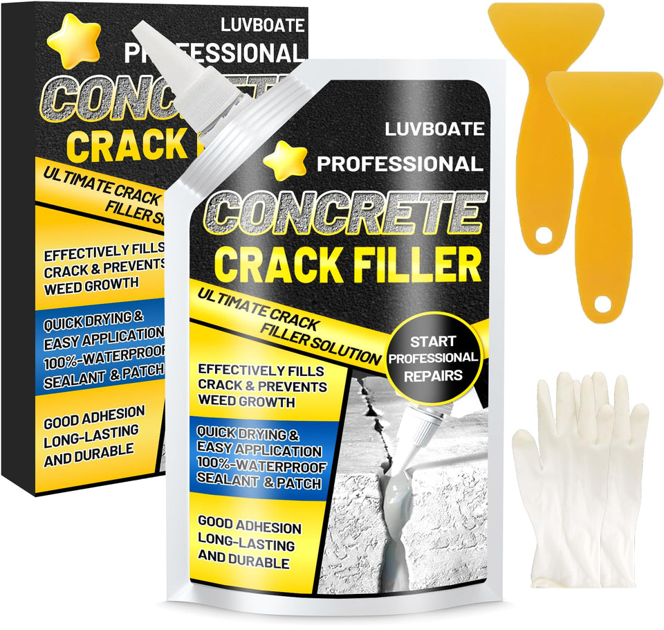 LUVBOATE concrete crack filler grey tub packaging showing ready-to-use repair formula.