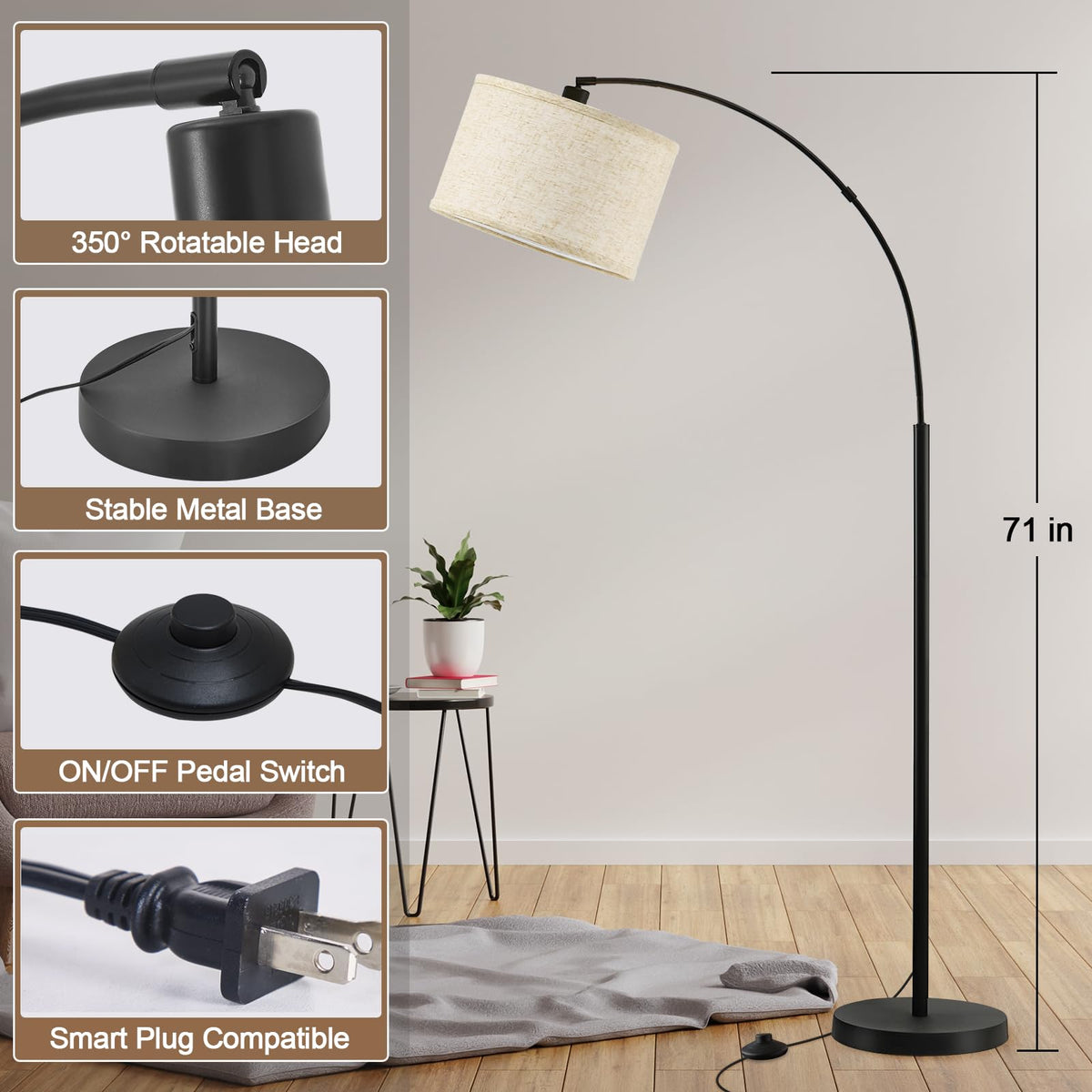 Luvkczc arc floor lamp pole provides tall, elegant reach for spaces.