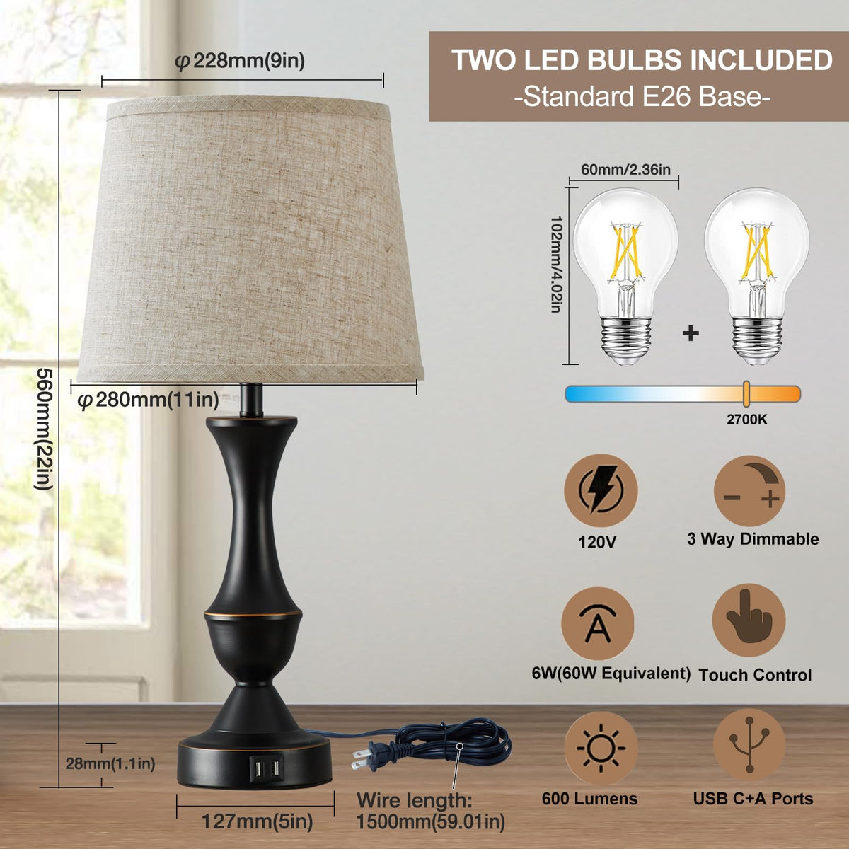 Luvkczc bedside lamp with USB-C port for convenient charging.