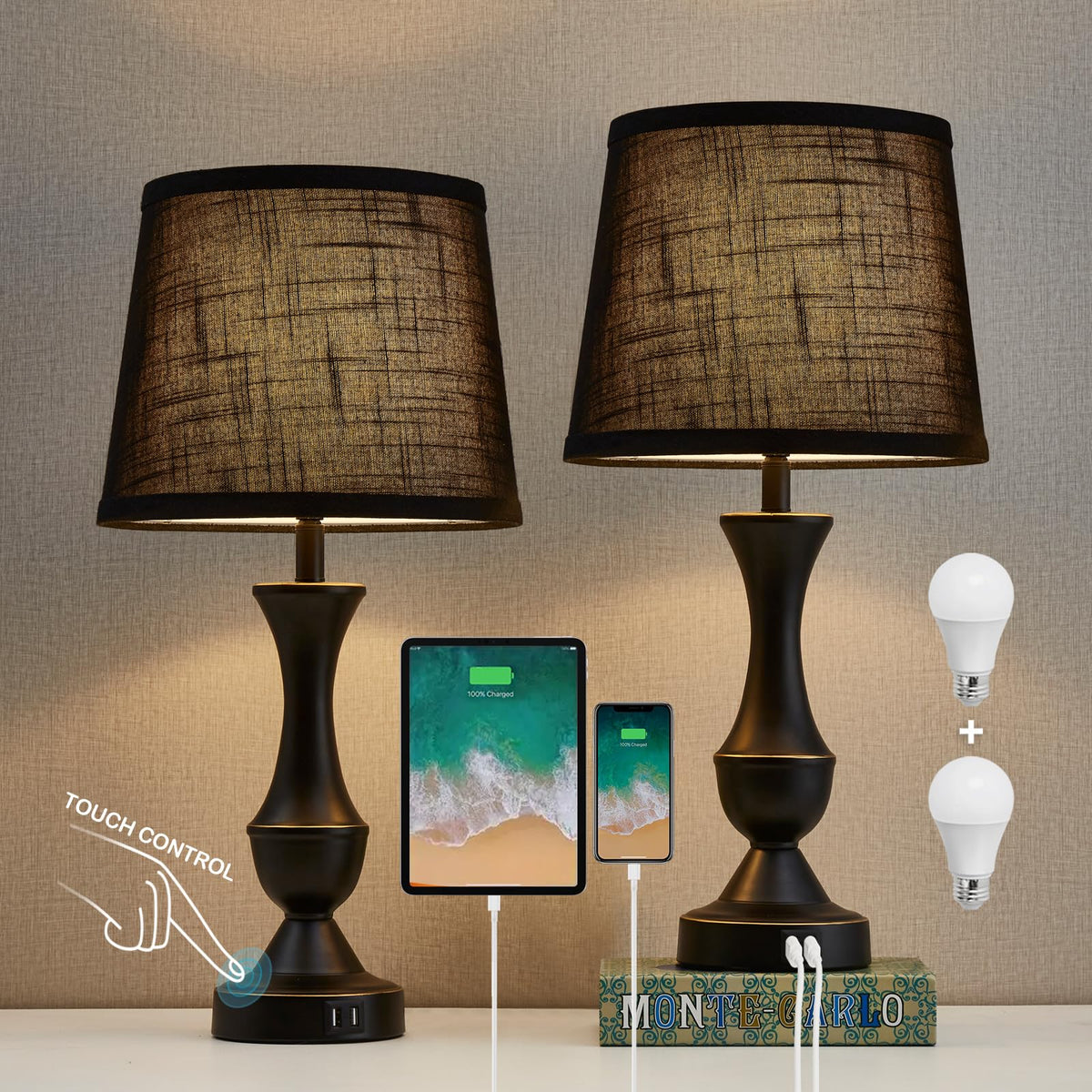 Luvkczc Black Touch Table Lamp set with 22-inch height and dual USB ports for charging.