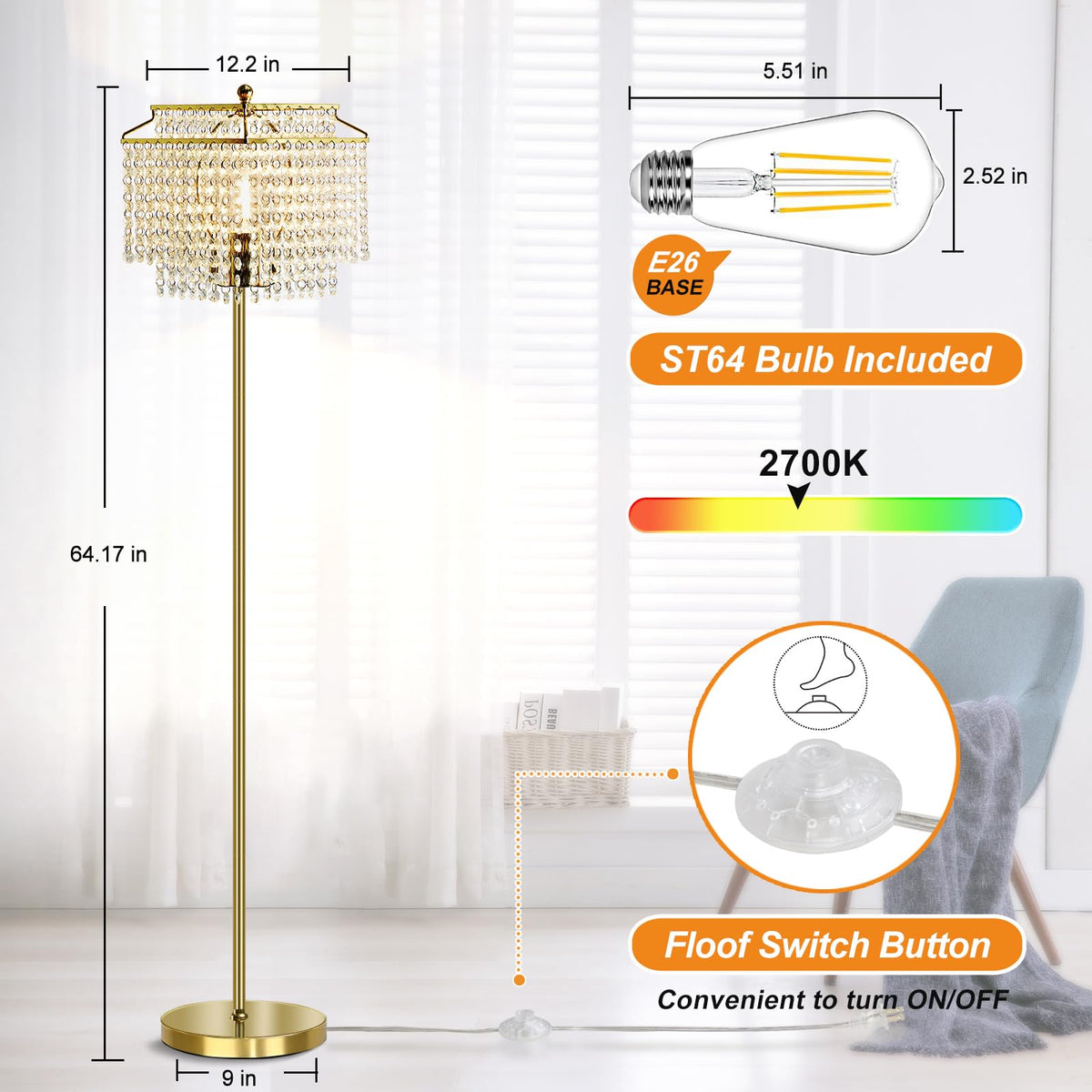 Luvkczc gold crystal floor lamp pole adds sleek vertical presence.