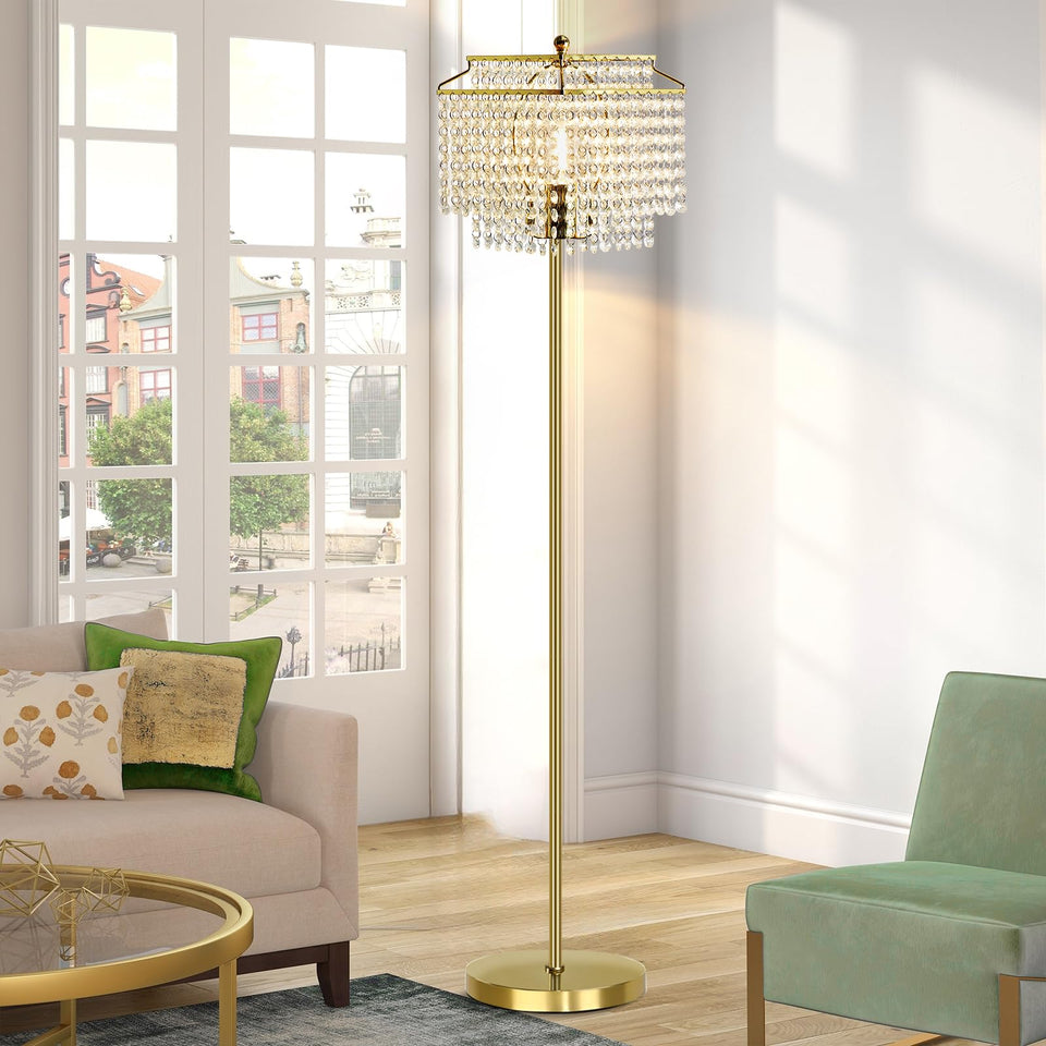 Luvkczc gold crystal floor lamp shade with 660 crystals for elegant ambient lighting.