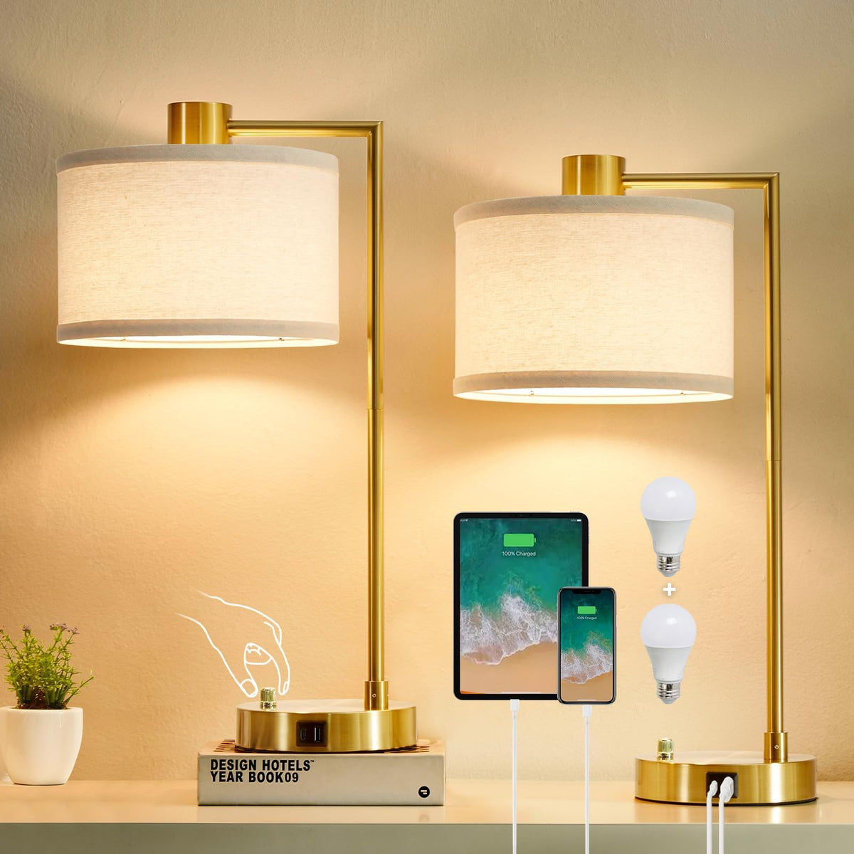 Luvkczc table lamp set of two with gold base for an elegant bedroom lighting scene