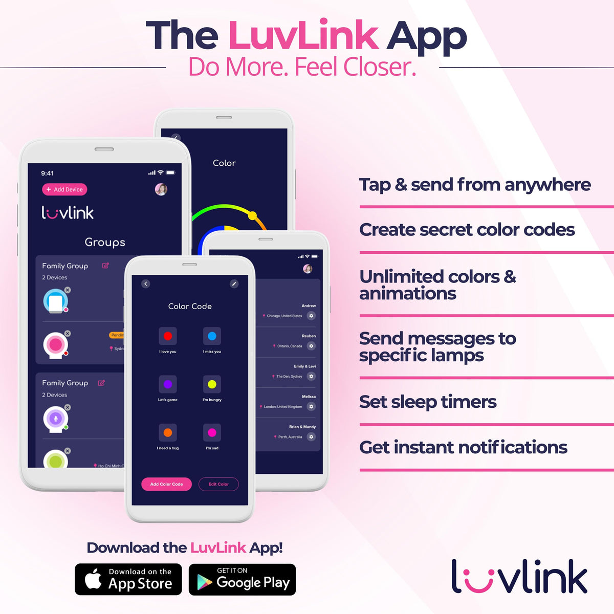 LuvLink group features let families coordinate lighting across devices.