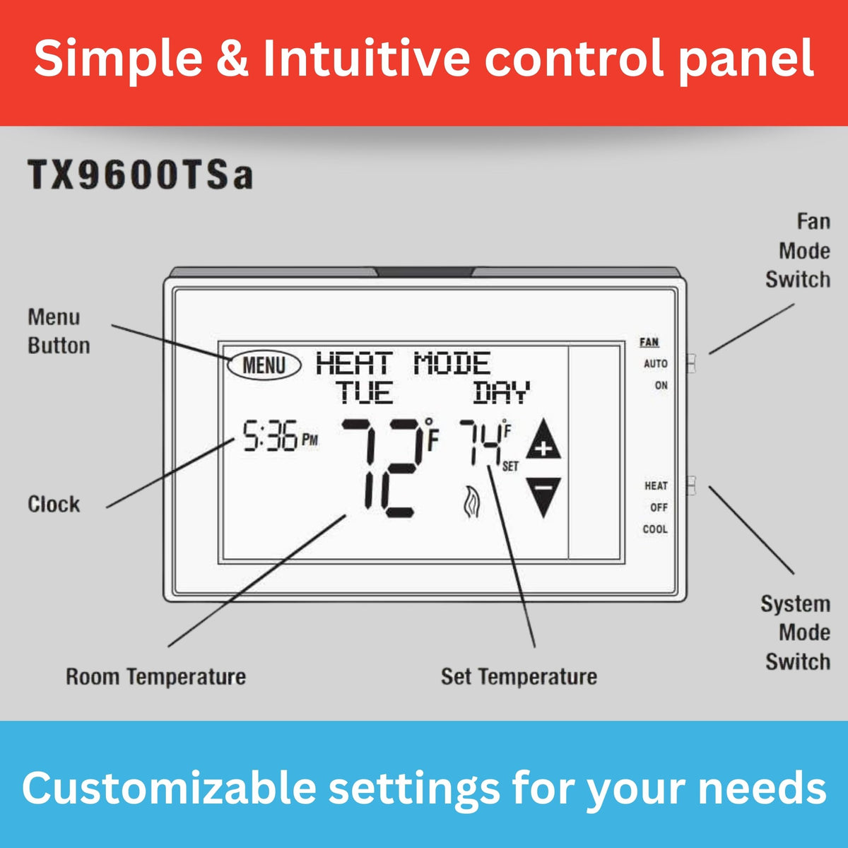 Lux TX9600TS lockout button helps prevent unintended changes.