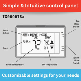 Lux TX9600TS lockout button helps prevent unintended changes.