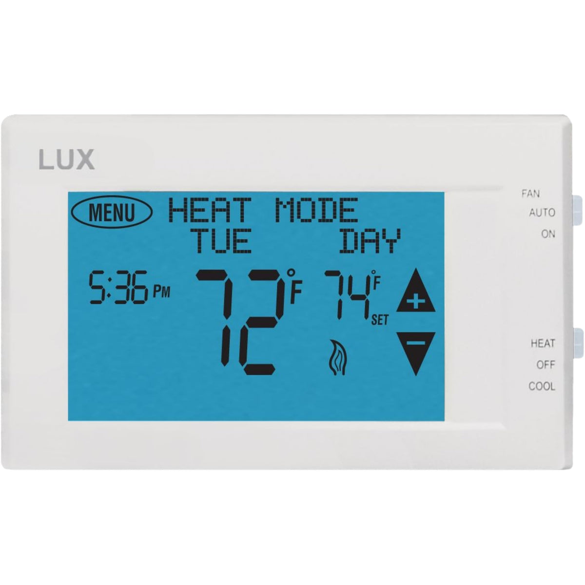 Lux TX9600TS programmable thermostat front view shows clear climate control.