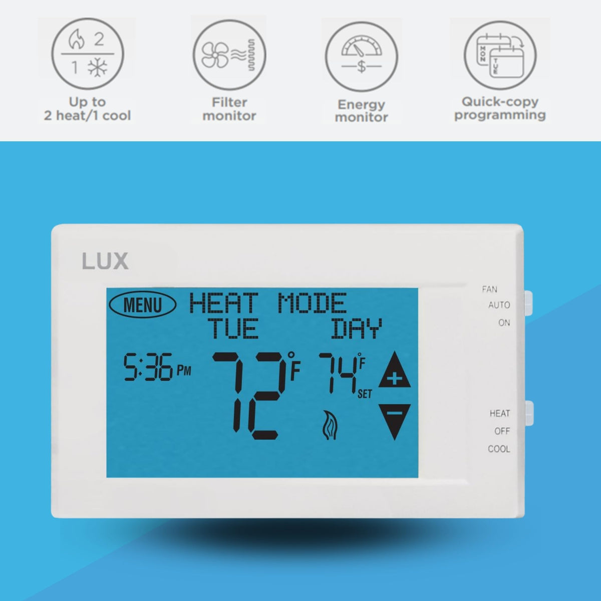 Lux TX9600TS programmable schedule setup illustrates flexible weekly programming.