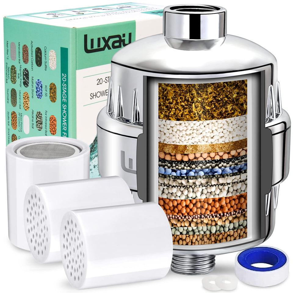 Luxau 20-stage shower filter chrome unit for clearer, softer water.