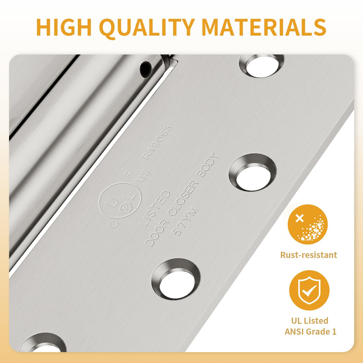 Luxbaro ANSI Grade 1 hinge closeup with rust-resistant finish.