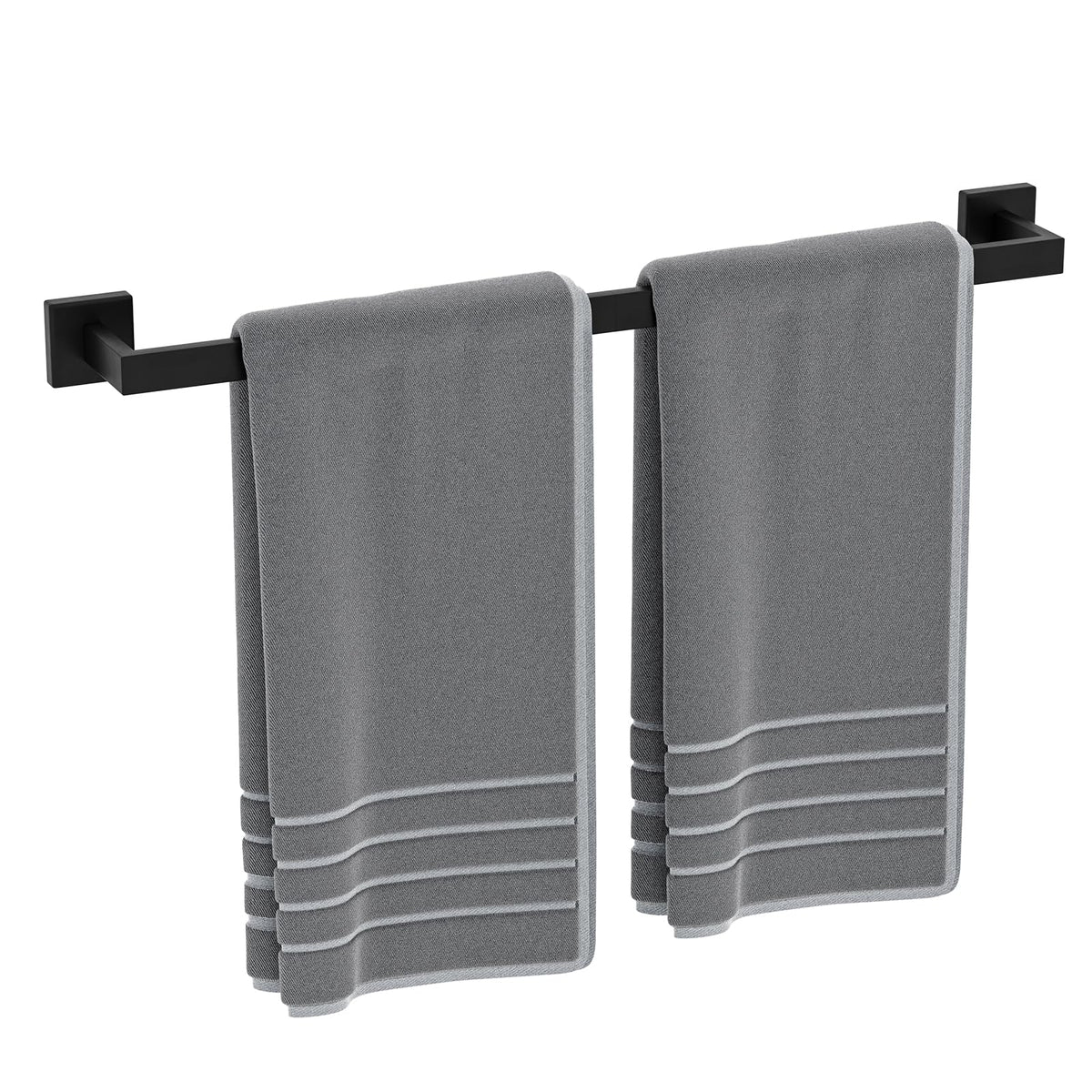 Luxbaro matte black towel bar with 24-inch hanging length for quick towel drying.