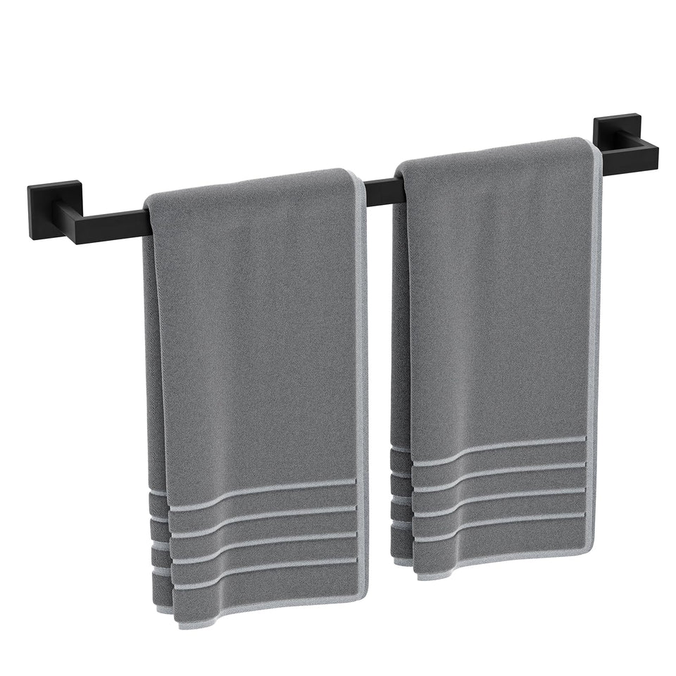 Luxbaro matte black towel bar with 24-inch hanging length for quick towel drying.
