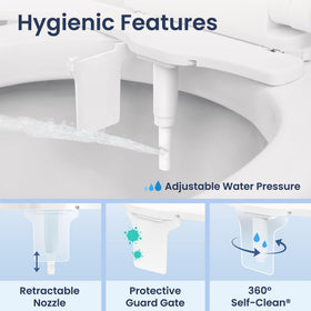 LUXE Bidet NEO 120 Plus slide-in mechanism in use, occupying minimal space.