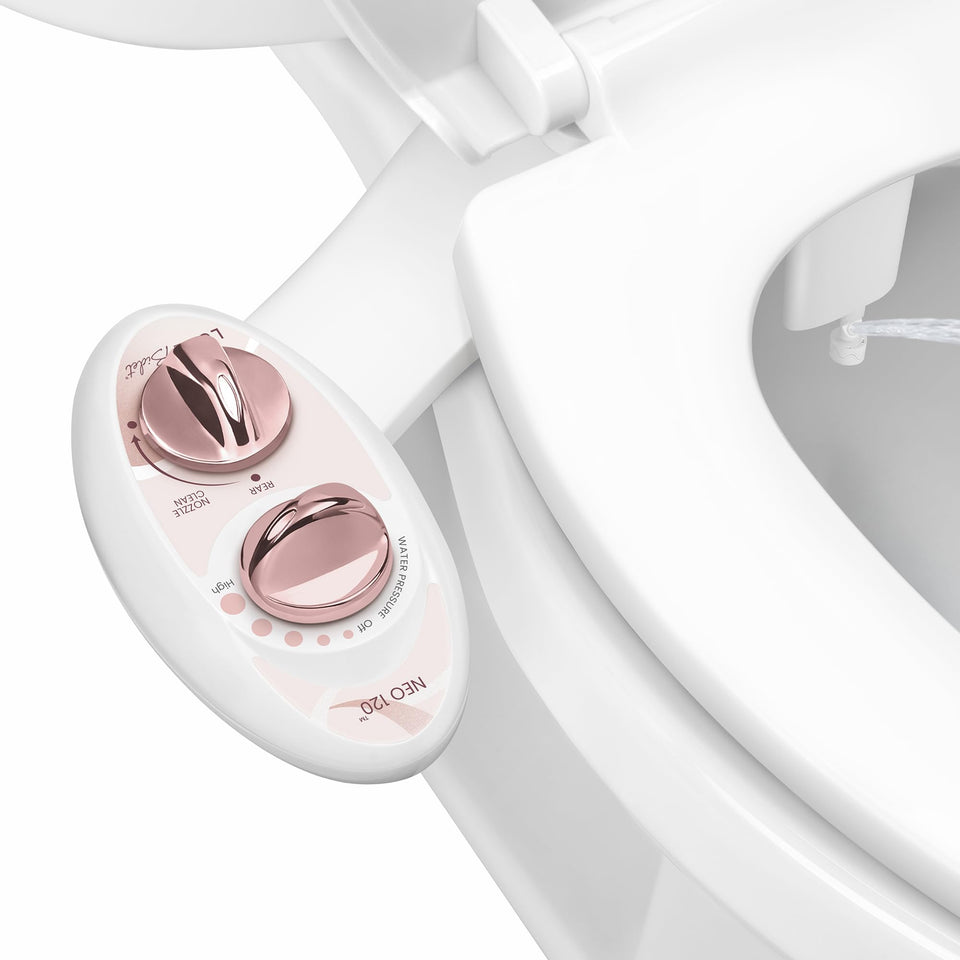 LUXE Bidet NEO 120 rose gold on toilet seat, a sleek bathroom upgrade