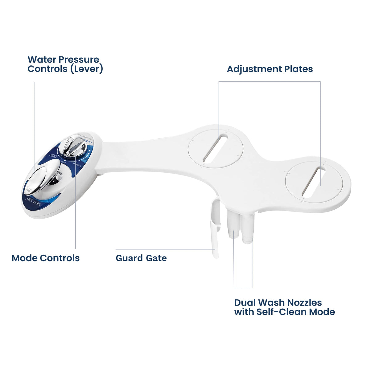LUXE Bidet NEO 180 installed on a standard two-piece toilet in bathroom