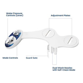 LUXE Bidet NEO 180 installed on a standard two-piece toilet in bathroom