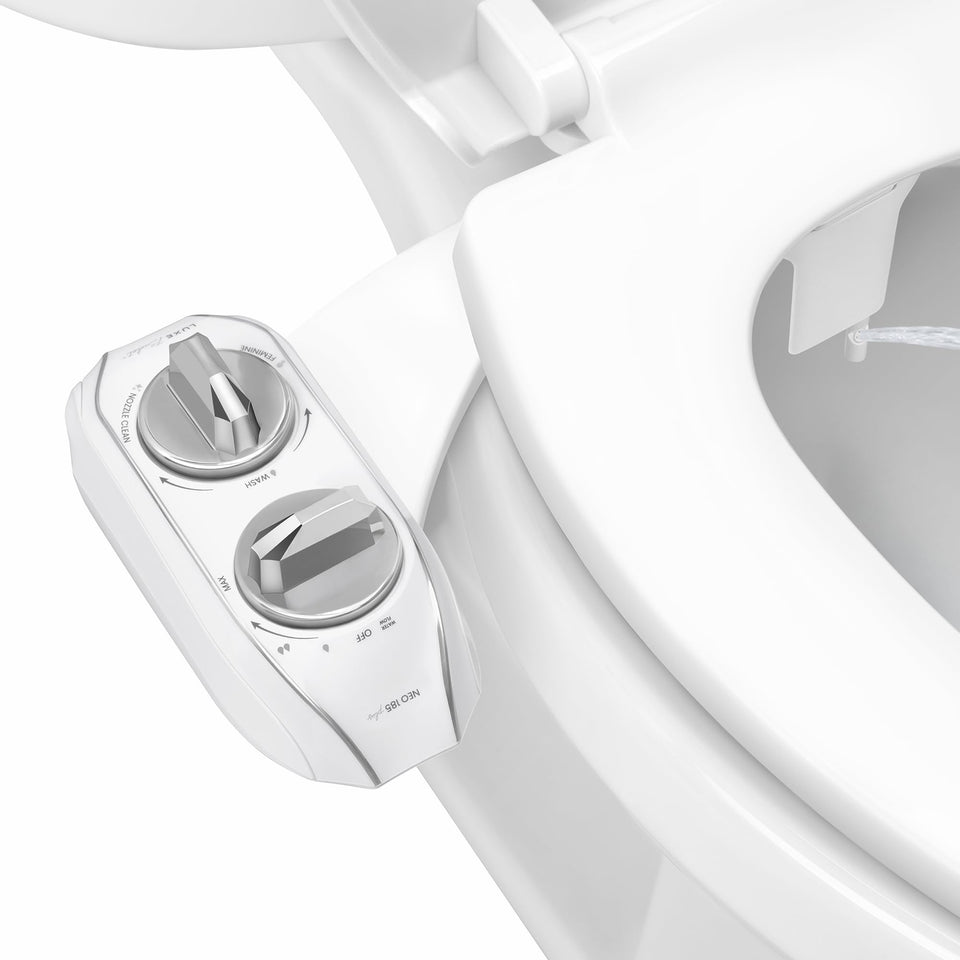 LUXE Bidet NEO 185 Plus dual-nozzle setup enables precise rear and feminine washes.