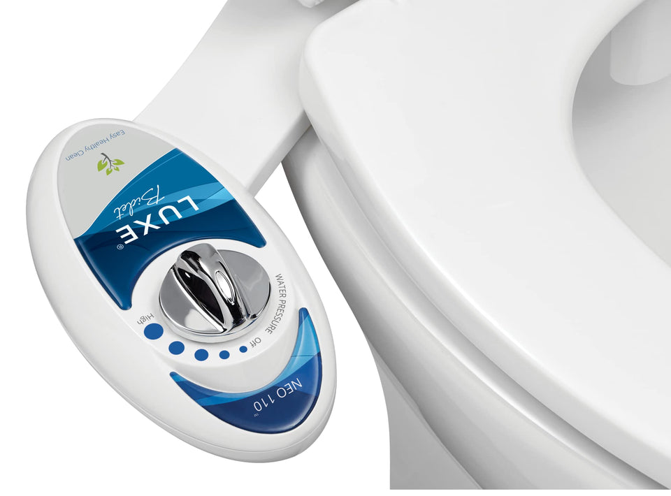 LUXE Bidet NEO 110 front view showcases a sleek, space-saving design for modern bathrooms.