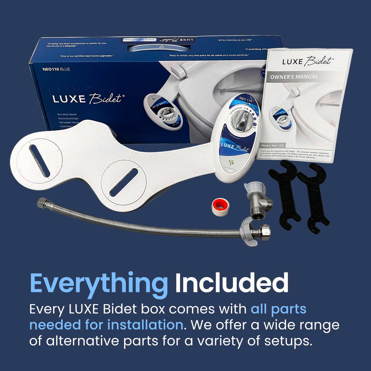 LUXE Bidet NEO 110 side view demonstrates easy, tool-free installation on standard toilets.