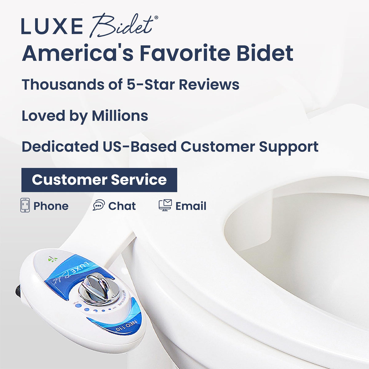 LUXE Bidet NEO 110 steel hoses highlight durable construction for daily use.