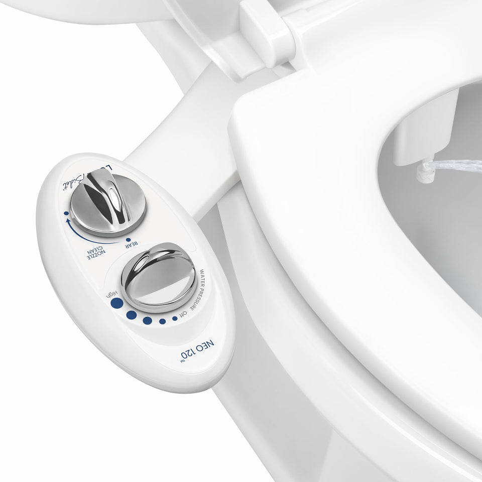 LUXE Bidet NEO 120 front view showcases a sleek bathroom upgrade.