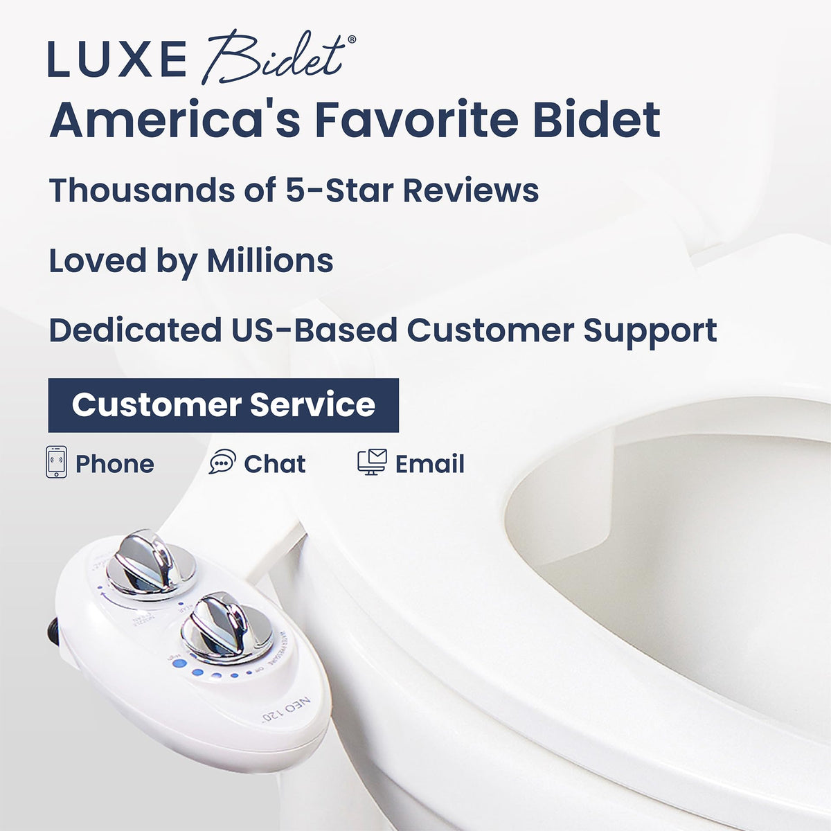 LUXE Bidet NEO 120 toilet attachment on standard two-piece toilets.