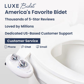 LUXE Bidet NEO 120 toilet attachment on standard two-piece toilets.