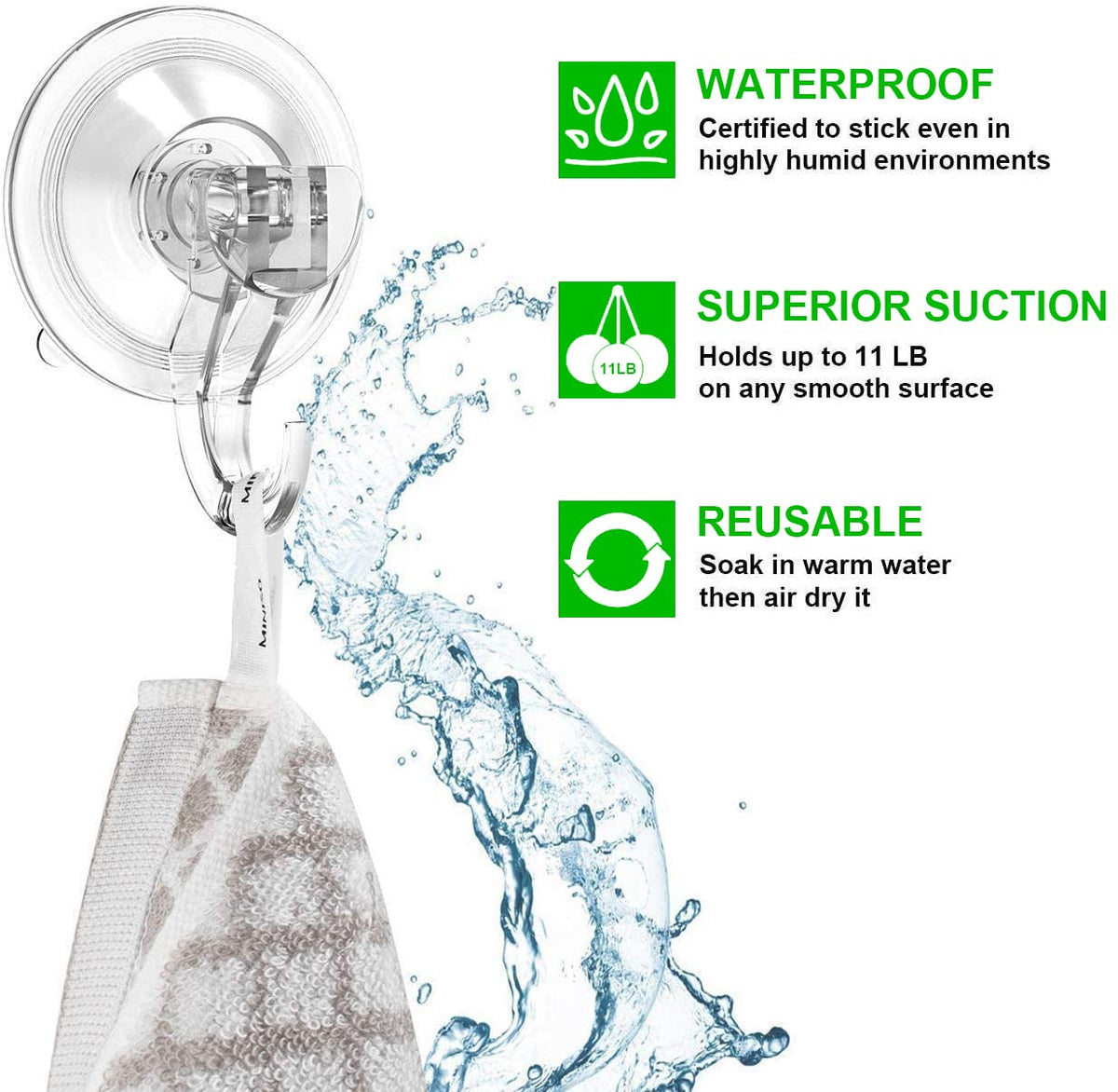 Luxear suction hooks offer a clear, durable design for bathroom organization.