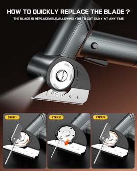 LuxeNova dual safety lock and LED work light for safe operation in dim spaces.