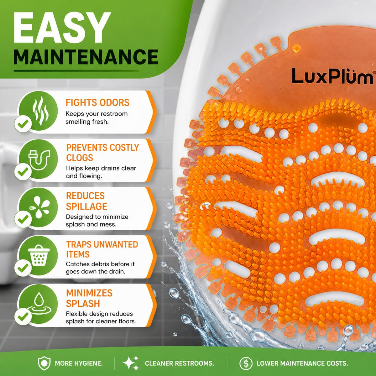 LuxPlum debris capture reduces clogs by catching debris before drains.