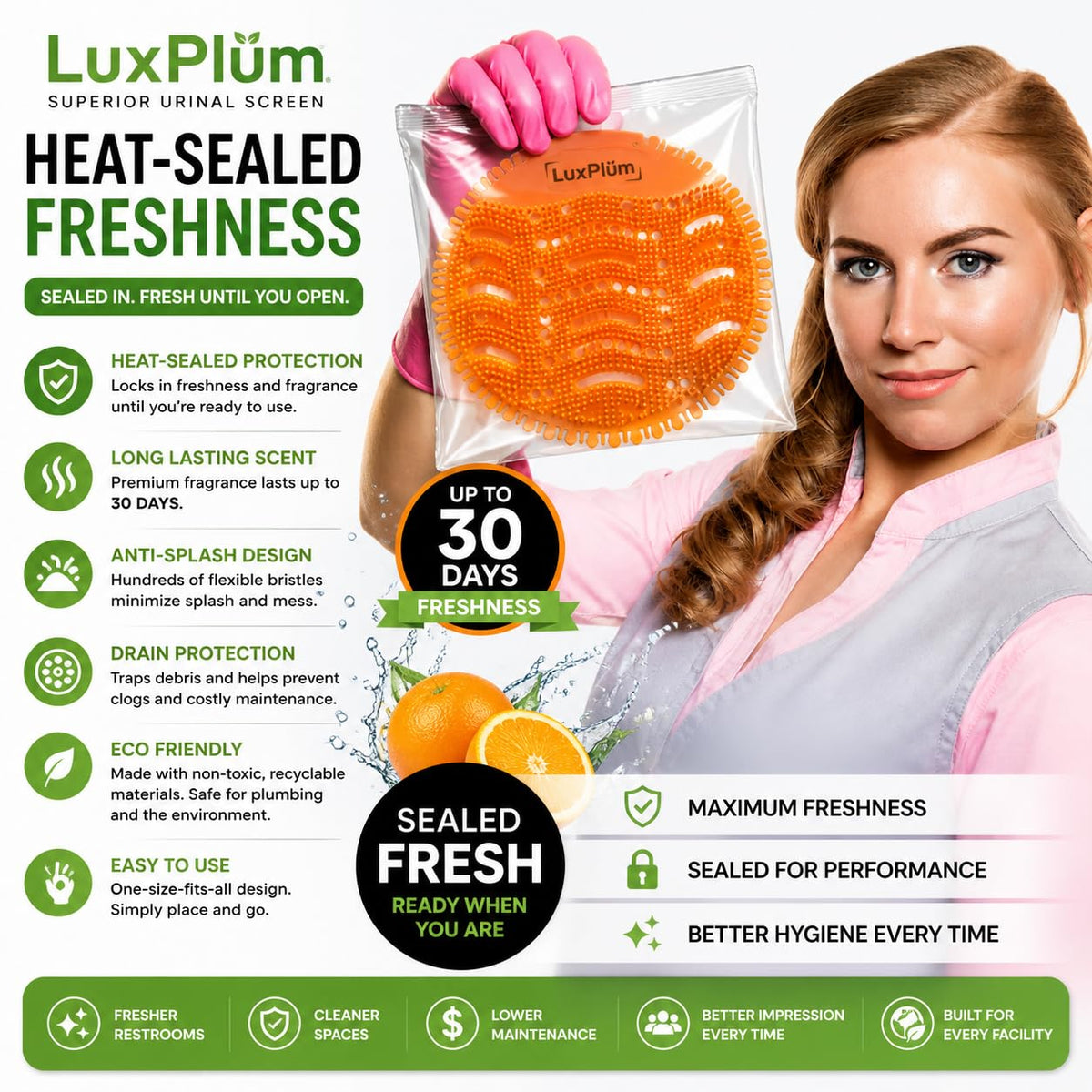 LuxPlum durable plastic urinal screen provides reliable coverage in busy restrooms.