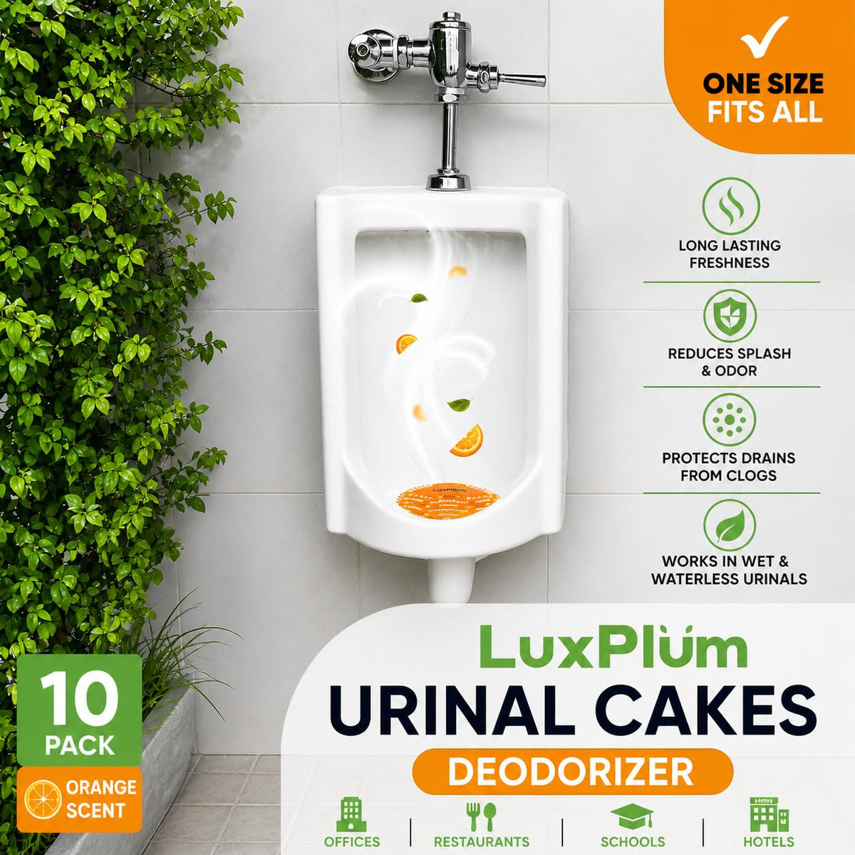 LuxPlum splash-control urinal mats reduce splash-back and simplify cleaning.